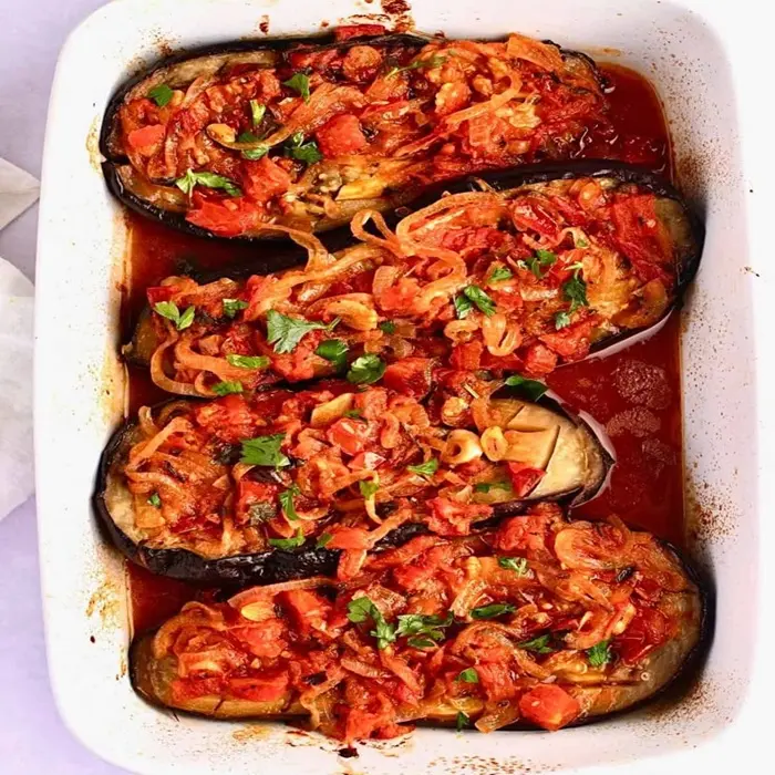 Imam bayildi with BBQ lamb & tzatziki