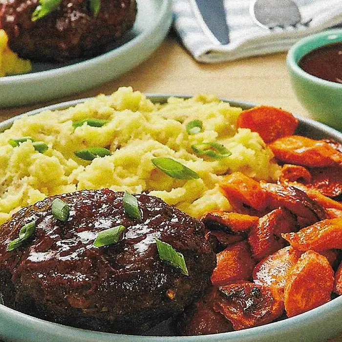 Soy-Glazed Meatloaves with Wasabi Mashed Potatoes & Roasted Carrots